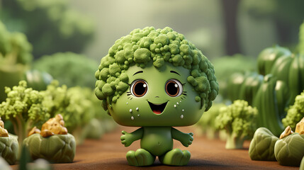Cute green broccoli 3d cartoon character. generative ai