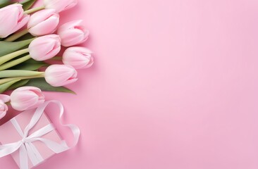 Photo of a pink background with tulips and white gift boxes