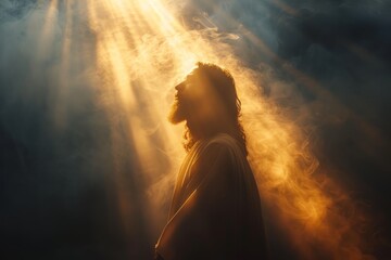 Silhouette of a Jesus Christ in the rays of light. Concept of Resurrection of Jesus - obrazy, fototapety, plakaty