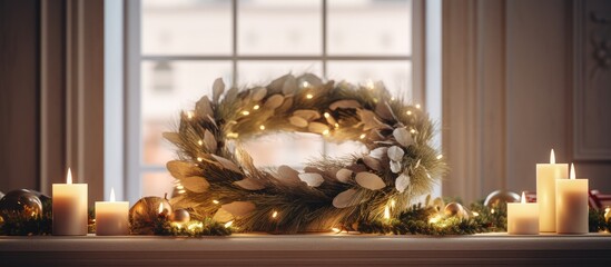 A rustic wooden Christmas wreath and candles adorn a mantle in front of a window, creating a cozy holiday atmosphere