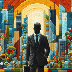 felt art patchwork, back of businessman in suit with business office glass modern buildings background for economic market stock investment
