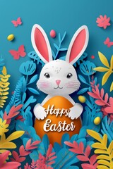 Obraz na płótnie Canvas Happy Easter greeting card with cute bunny and easter eggs