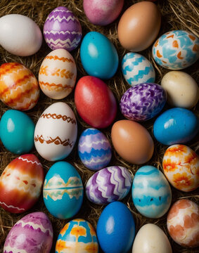 Painted Easter eggs on straw background