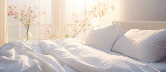 In a modern bedroom setting, an unmade bed with crisp white sheets and fluffy pillows stands...