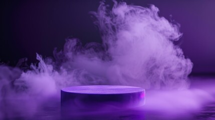 Regal purple podium with luxurious velvet smoke background, perfect for high-fashion clothing showcases. - obrazy, fototapety, plakaty