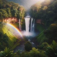 A rainbow over a waterfall surrounded by lush vegetation