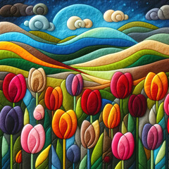 Fototapeta na wymiar felt art patchwork, A field of tulips in different colors under a blue sky