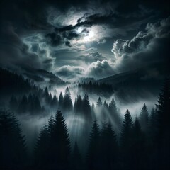 Mystical moonlit night forest scene with eerie misty woods under a dark sky filled with stars and a full moon casting ethereal light rays