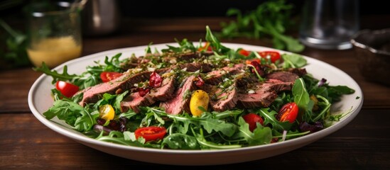 A beautiful dish featuring a white plate filled with a delicious salad made with a mix of meat and fresh vegetables, displayed on a rustic wooden table