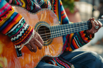 A man is playing a guitar with a colorful jacket on. The guitar is orange and has a colorful design. Mexican man playing guitar poncho