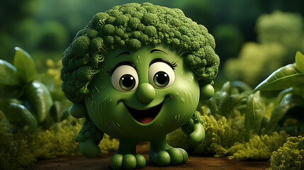 Cute green broccoli 3d cartoon character. generative ai - obrazy, fototapety, plakaty