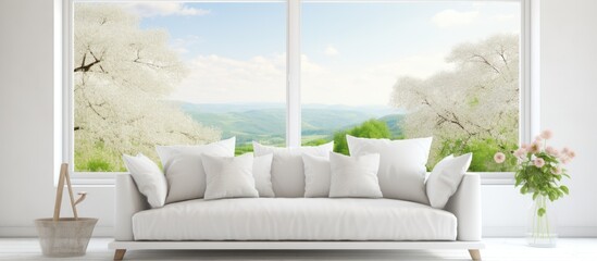 A white couch is placed in front of a window, showcasing a view of a summer landscape. The room features a Scandinavian interior design aesthetic with clean lines and minimalistic elements.