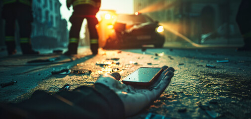 Consequences of Smartphone Use in Traffic Accidents. Hand clutching smartphone amidst car crash, firefighters in the distance. - obrazy, fototapety, plakaty