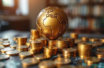 Gold globe atop gold coin pile, a symbol of wealth and prosperity