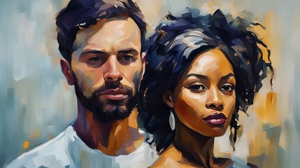 Abstract painting depicting couple in love with faces and bold brush strokes in warm cool tones on canvas