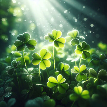 Bright clover leaf dewdrops morning sunlight fresh nature luck symbol St.Patrick’s day Irish culture garden springtime outdoor vibrant lush foliage beauty natural environment sparkle light rays