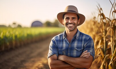 portrait of a handsome farmer in a field with his arms crossed - obrazy, fototapety, plakaty