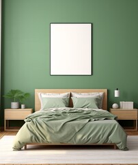 green decoration bedroom with bed and empty frame poster