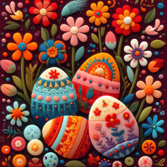 Felt art patchwork, Easter eggs with spring flowers, colorful holiday