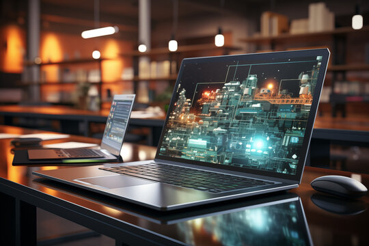 Laptop mit Netzwerk Konzept auf dem Bildschirm, Laptop auf Glastisch in open Space Office