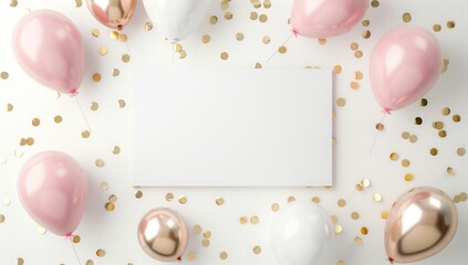 A white card is encircled by pink and gold balloons, confetti, and magenta petals. The liquid font adds a touch of elegance to the event, complementing the fashion accessory pattern - obrazy, fototapety, plakaty