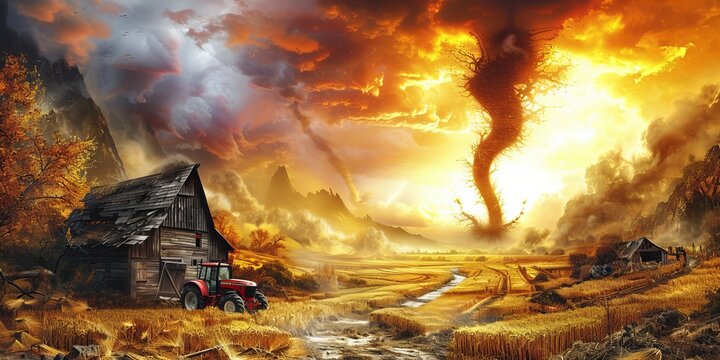 Apocalyptic Tornado Scene with Destroyed Farmhouse for Thrilling and Surreal Art Concepts