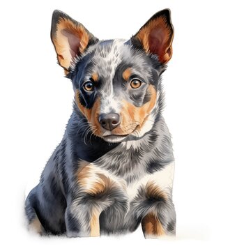 Cattle dog. Australian cattle dog. Puppy clipart. Watercolor illustration. Generative AI. Detailed illustration.