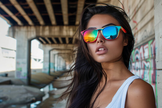 A woman wearing sunglasses and a white tank top stands in front of graffiti on a wall. Concept of urban decay and a rebellious, edgy vibe. The woman's choice of attire and accessories