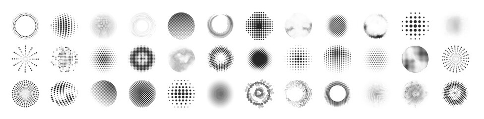 Set of black halftone dots backgrounds. Modern abstract background. Halftone dots in circle form. Round logo - obrazy, fototapety, plakaty