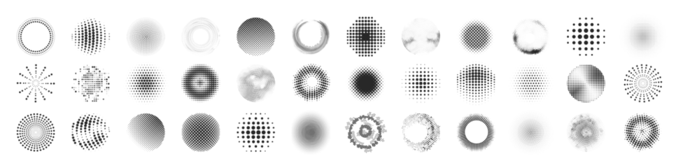 Fotobehang Set of black halftone dots backgrounds. Modern abstract background. Halftone dots in circle form. Round logo © Tata