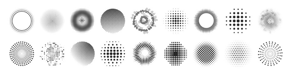 Abstract dotted circles, round halftones geometric dots gradient and pop art texture. Round dotted pattern geometric background - obrazy, fototapety, plakaty