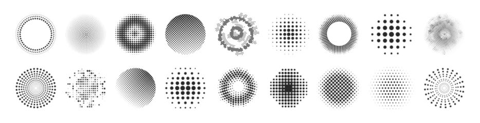 Rolgordijnen Abstract dotted circles, round halftones geometric dots gradient and pop art texture. Round dotted pattern geometric background © Tata