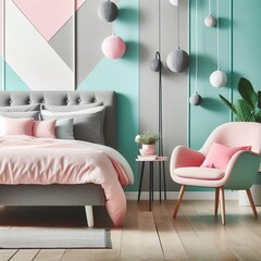 Grey and white bedsheets on king size bed and pink pillow on mint chair in fun color twist bedroom.