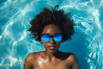 A woman with curly hair is floating in a pool wearing sunglasses. Concept of relaxation and leisure, as the woman is enjoying her time in the water. Stylish person relaxing in blue pool - obrazy, fototapety, plakaty