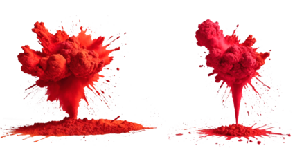 Red dust explosion upwards forming a bomb isolated on transparent background for design.