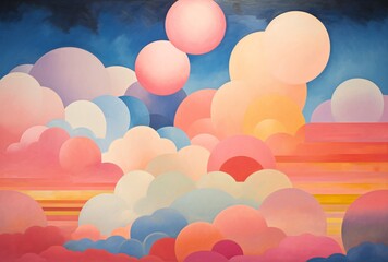 it is an abstract painting which depicts various clouds and bluepink and orange lights - obrazy, fototapety, plakaty