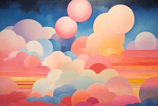 it is an abstract painting which depicts various clouds and bluepink and orange lights
