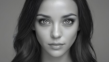 Fototapeta premium Close-up black and white portrait of a woman with dark hair, sensual lips, deep grey eyes looking at viewer