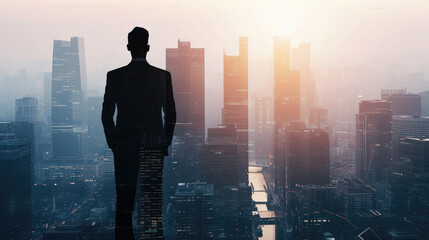 Man in suit stands on rooftop looking out over city