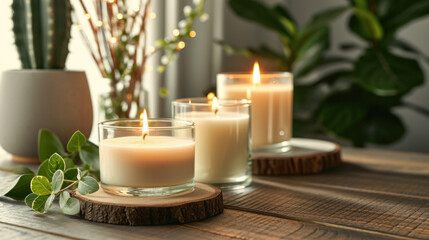 Fototapeta na wymiar Three candles are lit on wooden table, with potted plant in background