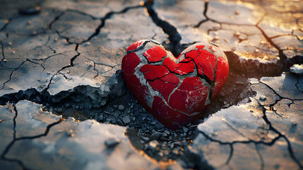 A red stone heart smashed in a cracked concrete ground as a symbol for a broken heart and lovesickness
