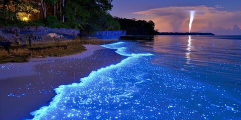 Bioluminescent Waves on Tropical Beach with Lightning Strike for Nature's Beauty and Power Theme