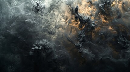 Slick, metallic gray smoke swirling on a dark, industrial background, lit by cold ground light.