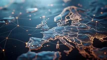 Fotobehang Digitales Netzwerk über Europa, Leuchtende Metropolen, Konzept digital vernetzter Kontinent © GreenOptix