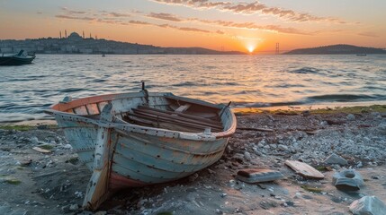 close-up photo of an abandoned rotten wooden ship stranded on the beach. AI generated
 - obrazy, fototapety, plakaty