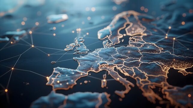 Digitales Netzwerk über Europa, Leuchtende Metropolen, Konzept digital vernetzter Kontinent