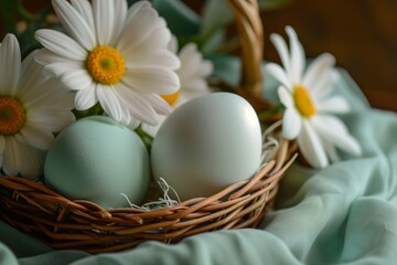 Obraz na płótnie Canvas A charming basket with a bird nest, filled with delicate eggs, daisies, and petals, resting on a wooden table