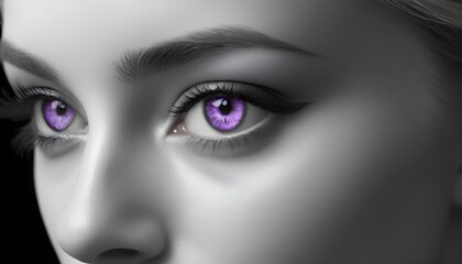 Fototapeta premium Black and white artwork, close-up of purple eyesof a blonde girl 