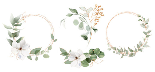 Watercolor wreath set with white roses, magnolia, eucalyptus branches. Floral frame with gold splashes, leaf for wedding greetings. Flower greenery composition. Hand painted spring Botanical bouquet © Olga.And.Design