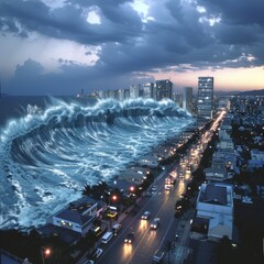 Monstrous tsunami wave over city street at dusk, a surreal depiction of nature's power over urban landscapes - obrazy, fototapety, plakaty